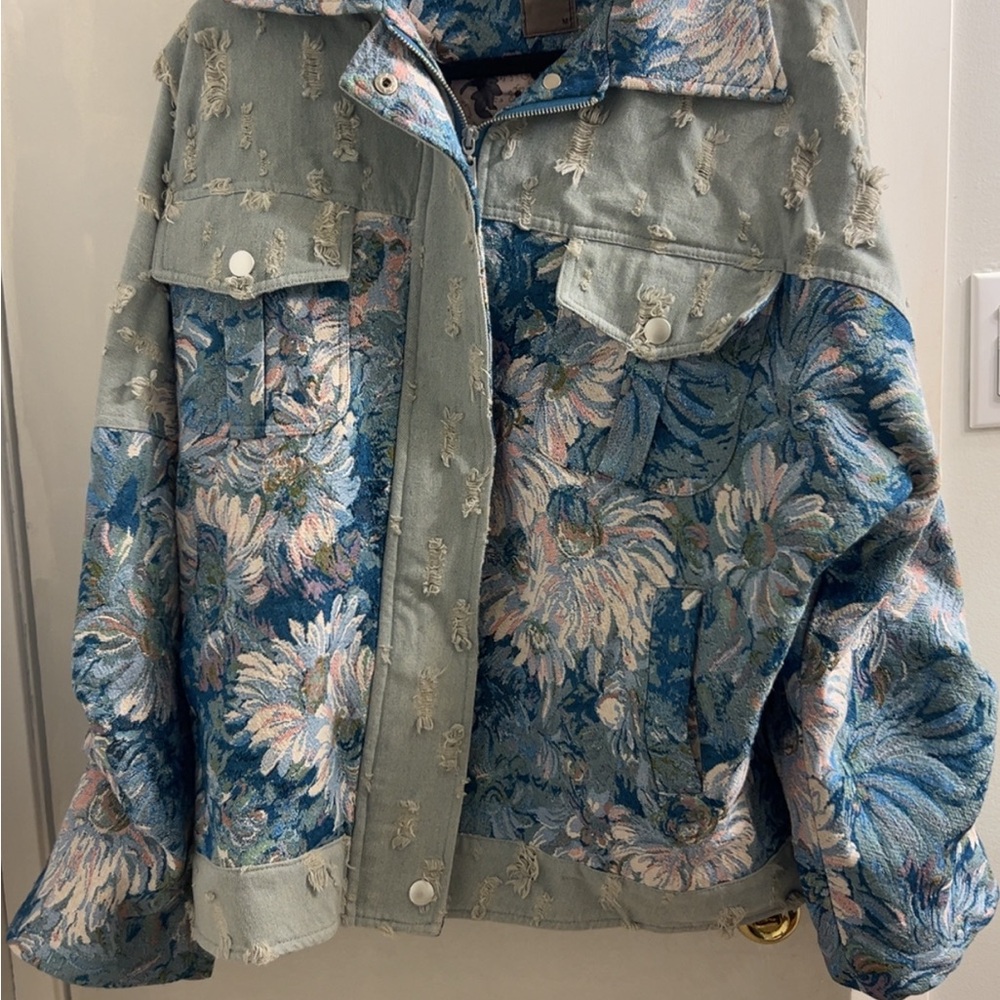 Floral Patchwork Jean Jacket in Blue and Green